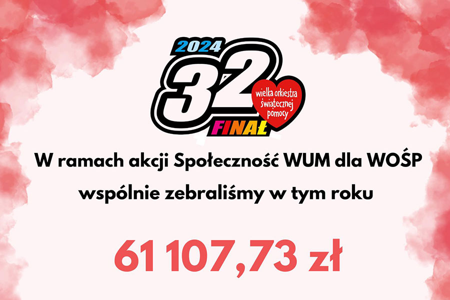 Grafika z liczbą 32 i sercem WOŚP oraz kwotą zebraną w akcji Społeczność WUM dla WOŚP