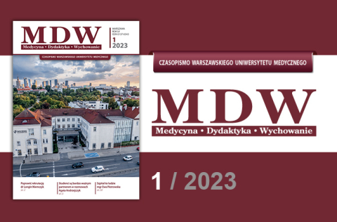 Bordowo-białe tło, a na nim okładka gazety prezentująca szpital przy ul. Karowej oraz nazwa gazety oraz numer