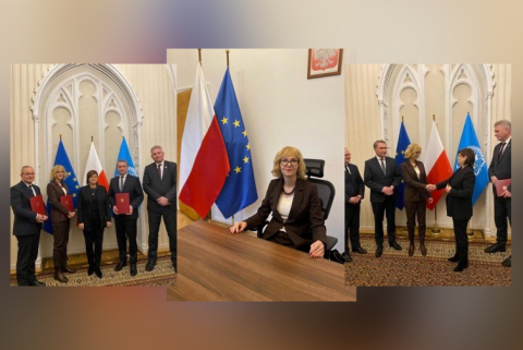 Collage of three photos in the middle a woman sits at a desk, behind her a flag of Poland and the European Union. The other two photos show elegantly dressed people with diplomas. 