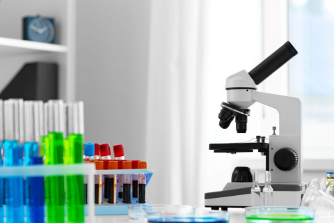 Laboratory, close-up of microscope and test tubes