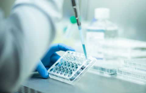 Research laboratory, man holding pipetting equipment 